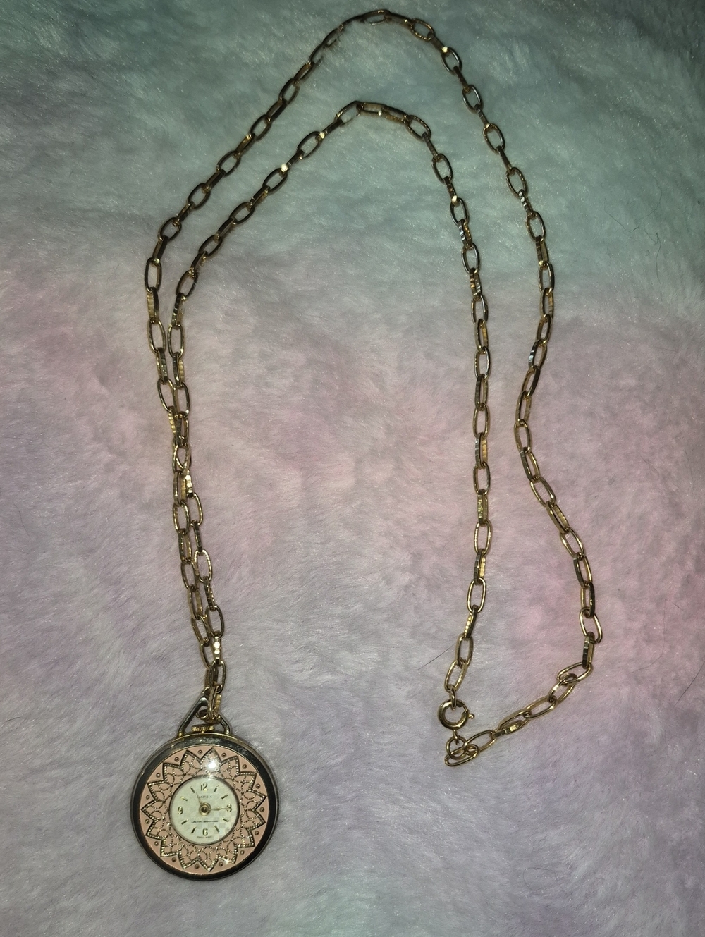 Gold-tone Pendant Watch Necklace - Floral Dial